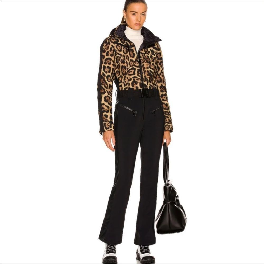 Goldbergh Lynx Hooded Faux Fur Ski Suit Jaguar Leopard Print Black NWT US 10